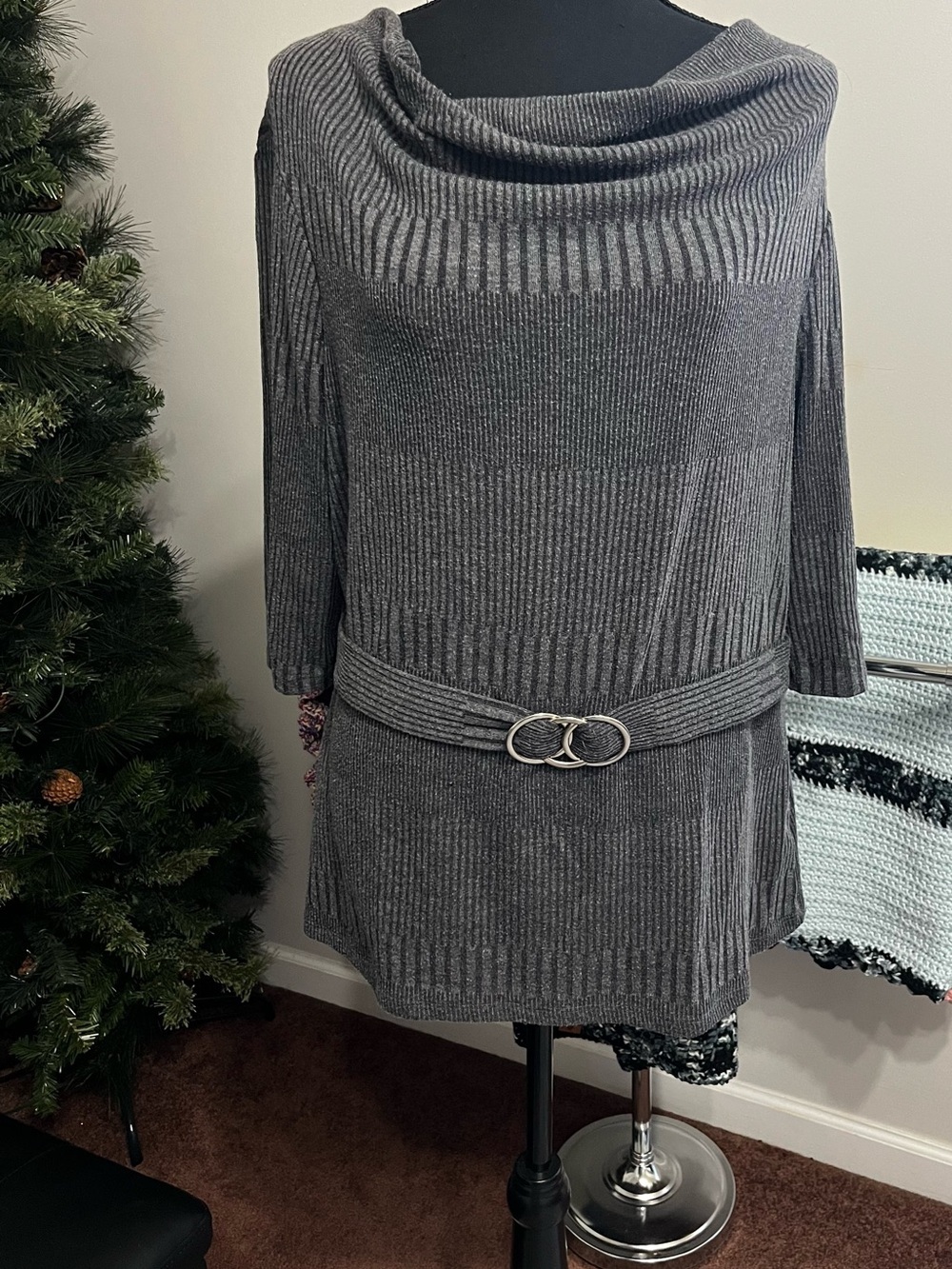 Cato Gray Ribbed Cowl Neck Tunic Sweater with Belt